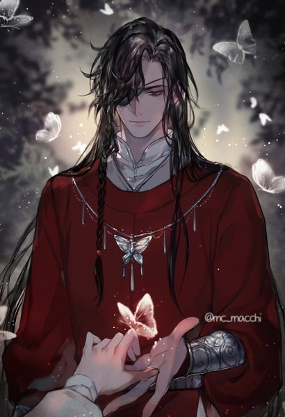 Anime picture 1200x1754 with tianguan cifu hua cheng mc macchi long hair tall image fringe black hair red eyes signed looking away braid (braids) traditional clothes light smile hair over one eye twitter username chinese clothes solo focus side braid outstretched hand butterfly on hand