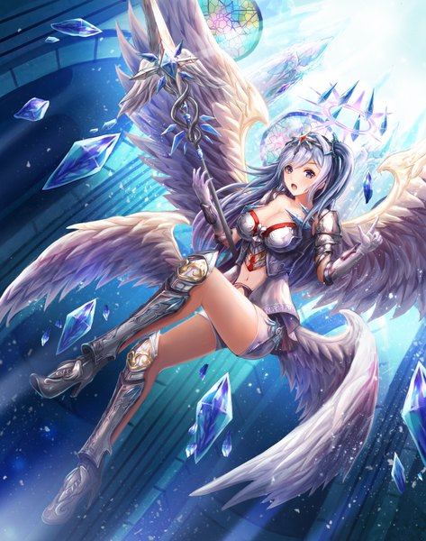 Anime picture 750x950 with original lunacle single long hair tall image looking at viewer blush fringe breasts open mouth light erotic large breasts purple eyes cleavage silver hair full body :o from below high heels dutch angle