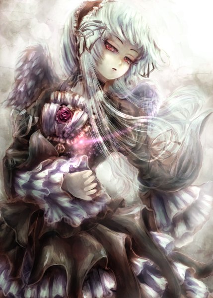 Anime picture 733x1025 with rozen maiden suigintou hanuu single long hair tall image looking at viewer red eyes silver hair lolita fashion ghost goth-loli girl dress ribbon (ribbons) wings frills