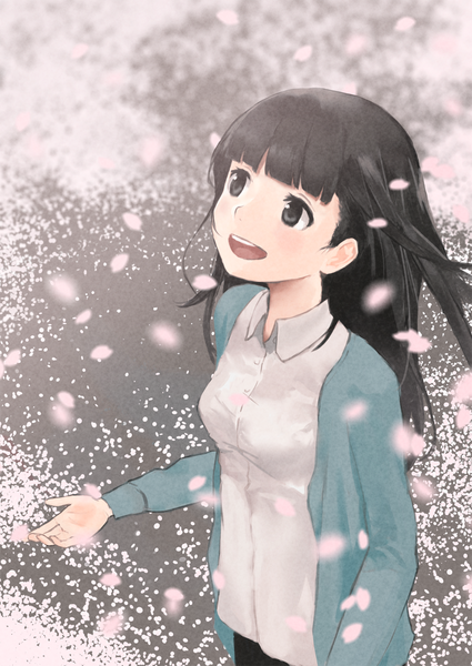 Anime picture 991x1400 with original rikkukku single long hair tall image fringe open mouth black hair smile wind black eyes teeth looking up girl shirt petals