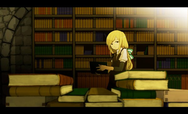 Anime picture 1200x727 with name (pixiv) single long hair blonde hair wide image brown eyes indoors girl bow hair bow book (books) library