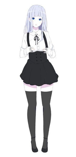 Anime picture 560x1157 with original natuich single long hair tall image looking at viewer fringe blue eyes simple background white background silver hair zettai ryouiki pale skin girl thighhighs ribbon (ribbons) black thighhighs shirt shoes white shirt