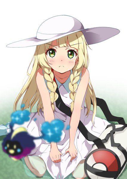 Anime-Bild 1064x1500 mit pokemon pokemon sm nintendo lillie (pokemon) cosmog kei (0497) single long hair tall image looking at viewer blush blonde hair green eyes braid (braids) >:( gen 7 pokemon girl hat bag sundress