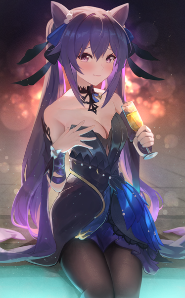 Anime picture 2459x3944 with genshin impact keqing (genshin impact) keqing (opulent splendor) (genshin impact) amane sora single long hair tall image looking at viewer blush fringe highres breasts light erotic hair between eyes large breasts sitting purple eyes twintails bare shoulders holding