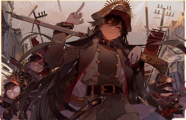 Anime-Bild 1024x661 mit fate (series) fate/grand order koha-ace oda nobunaga (fate) (all) oda nobunaga (fate) kawacy long hair looking at viewer fringe black hair smile hair between eyes red eyes signed payot sky cloud (clouds) outdoors eyes closed inscription