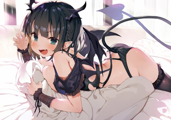 Anime picture 1000x706 with original gaou (umaiyo puyoman) single looking at viewer blush fringe short hair breasts blue eyes light erotic black hair large breasts ass indoors tail lying blunt bangs braid (braids) horn (horns) fingernails