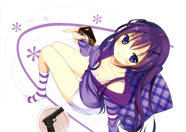 Anime picture 4756x3385 with gochuumon wa usagi desu ka? white fox tedeza rize koi (koisan) single long hair looking at viewer blush highres smile white background purple eyes twintails absurdres purple hair scan girl skirt weapon socks