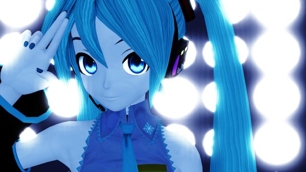 Anime picture 2560x1440 with vocaloid hatsune miku meeji (artist) single looking at viewer highres blue eyes wide image twintails blue hair very long hair nail polish light 3d mikumikudance girl necktie headphones