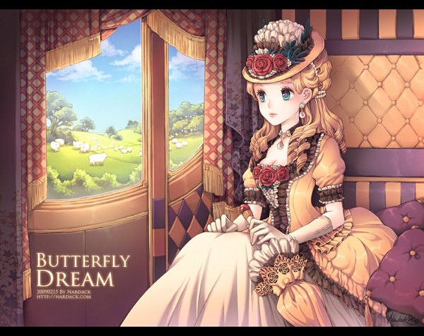 Anime picture 1133x900 with original butterfly dream (artbook) nardack long hair blue eyes blonde hair lips closed umbrella girl dress gloves flower (flowers) hat animal elbow gloves rose (roses) umbrella jewelry
