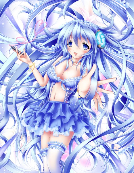 Anime picture 1050x1350 with original pixiv pixiv-tan akairo no mako single long hair tall image blush blue eyes light erotic blue hair girl thighhighs white thighhighs