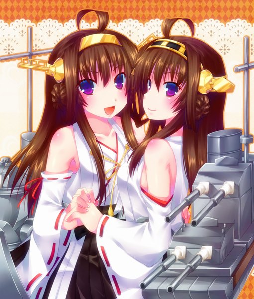 Anime picture 850x1000 with kantai collection kongou battleship door to heaven long hair tall image looking at viewer blush open mouth brown hair purple eyes bare shoulders multiple girls ahoge traditional clothes dual persona nontraditional miko girl hair ornament weapon 2 girls