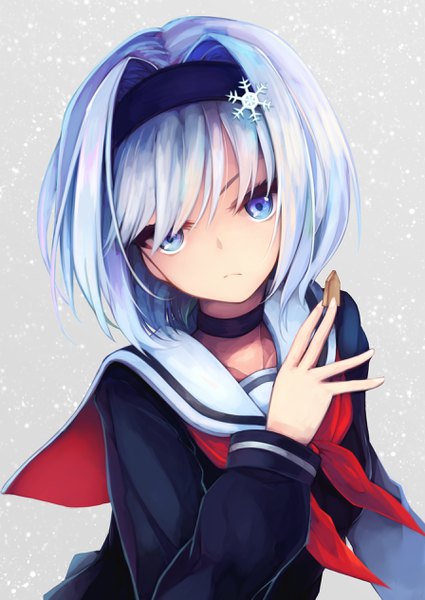 Anime picture 1792x2530 with ryuuou no oshigoto! sora ginko otogi kyouka single tall image looking at viewer fringe highres short hair blue eyes hair between eyes silver hair upper body long sleeves head tilt fingernails grey background snowing girl uniform