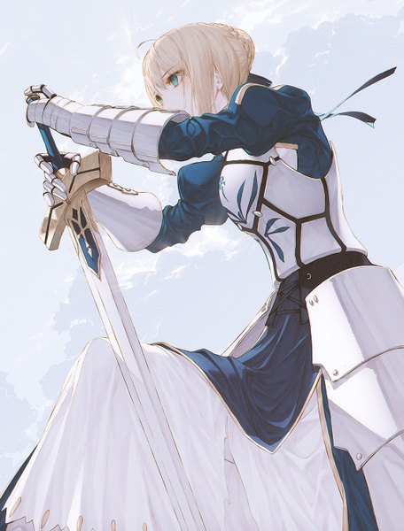 Anime picture 1021x1343 with fate (series) fate/grand order fate/stay night artoria pendragon (all) saber wanke single tall image fringe short hair blonde hair hair between eyes green eyes payot looking away ahoge braid (braids) puffy sleeves kneeling braided bun