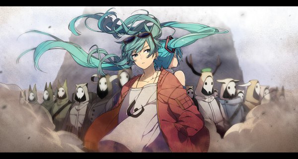 イラスト 2566x1377 と ボーカロイド 砂の惑星 初音ミク 姐川 長髪 前髪 highres wide image 立つ multiple girls looking away upper body 角 風 aqua hair open jacket letterboxed sunglasses on head hands in pockets back to back