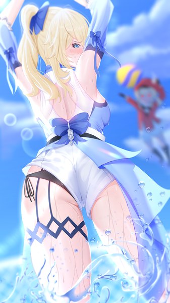Anime picture 1080x1920 with genshin impact jean gunnhildr klee (genshin impact) jean (sea breeze dandelion) (genshin impact) alfa (alpharig) long hair tall image looking at viewer blush fringe breasts blue eyes light erotic blonde hair standing multiple girls payot sky cloud (clouds) outdoors