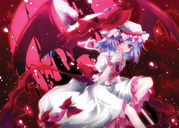 Anime picture 1214x873 with touhou remilia scarlet ichiyou moka short hair red eyes blue hair nail polish girl dress bow wings headdress