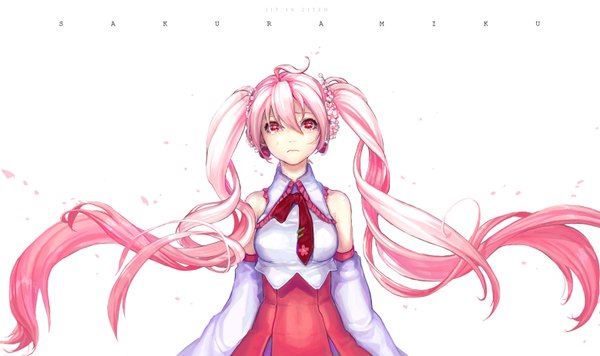 Anime picture 1558x926 with vocaloid hatsune miku sakura miku jit single red eyes wide image twintails pink hair very long hair girl detached sleeves petals headphones