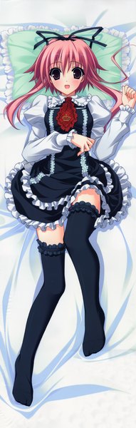 Anime picture 2349x7365 with stellar theater fujisaki amane suzuhira hiro single long hair tall image blush highres open mouth red eyes twintails pink hair dakimakura (medium) girl thighhighs dress ribbon (ribbons) black thighhighs hair ribbon frills