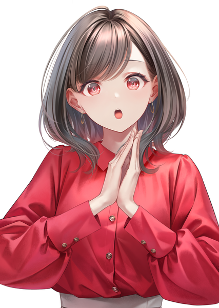 Anime picture 1290x1811 with original sousou (sousouworks) single long hair tall image looking at viewer fringe open mouth simple background red eyes brown hair white background upper body long sleeves :o hands clasped girl earrings shirt buttons