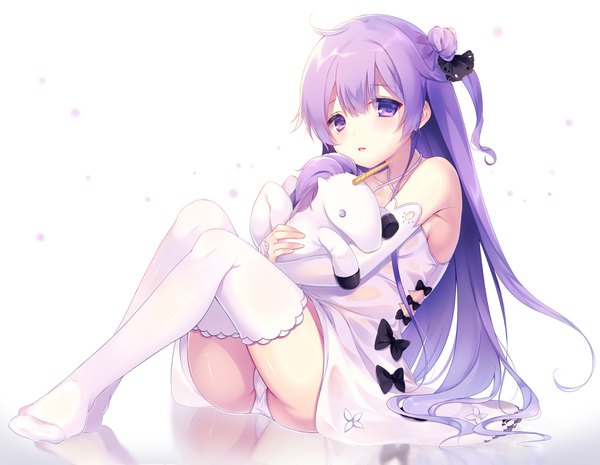 Anime picture 3384x2626 with azur lane unicorn (azur lane) okazaki milte single long hair looking at viewer blush highres light erotic simple background white background sitting purple eyes absurdres purple hair full body ahoge pantyshot no shoes one side up