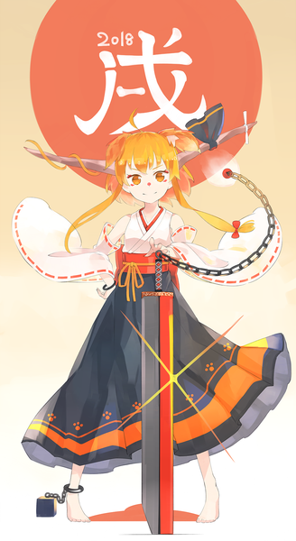 Anime picture 1089x1992 with touhou ibuki suika crazyoton46 single long hair tall image looking at viewer simple background smile ahoge traditional clothes japanese clothes barefoot horn (horns) orange hair orange eyes alternate costume gradient background new year 2018