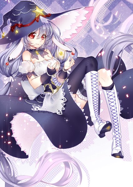 Anime picture 1000x1404 with little witch katy sptuel single tall image looking at viewer fringe hair between eyes red eyes twintails bare shoulders cleavage purple hair full body bent knee (knees) very long hair light smile puffy sleeves low twintails turning head checkered