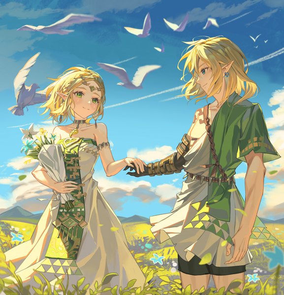 Anime picture 2674x2780 with the legend of zelda the legend of zelda: tears of the kingdom nintendo princess zelda link al guang tall image highres short hair blue eyes blonde hair smile standing green eyes looking away sky cloud (clouds) outdoors pointy ears holding hands