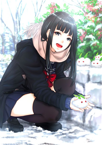 Anime picture 900x1273 with original konekoneko (indonesia) single long hair tall image looking at viewer fringe open mouth blue eyes black hair smile blunt bangs :d scan winter snow squat girl thighhighs skirt