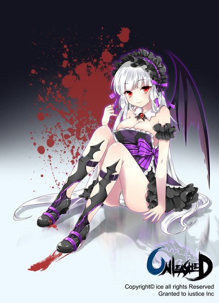 Anime picture 1535x2126 with unleashed ice (ice aptx) single long hair tall image light erotic red eyes white hair copyright name pantyshot sitting girl dress underwear panties wings boots frills headdress white panties blood