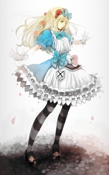 Anime picture 750x1200 with alice in wonderland alice (alice in wonderland) nana27 single long hair tall image blue eyes blonde hair hair flower spread arms girl dress gloves hair ornament flower (flowers) bow hair bow pantyhose frills white gloves