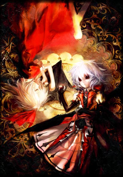 Anime picture 700x1000 with touhou flandre scarlet remilia scarlet banpai akira tall image short hair blonde hair multiple girls silver hair lying eyes closed black eyes sleeping siblings bat wings sisters girl dress ribbon (ribbons) 2 girls