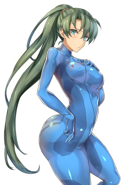Anime picture 688x1020 with fire emblem metroid fire emblem: the blazing blade nintendo lyndis (fire emblem) shinon (tokage shuryou) single tall image blush fringe breasts light erotic simple background standing white background ass ponytail very long hair aqua eyes green hair