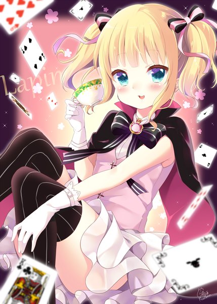 Anime picture 1211x1694 with gochuumon wa usagi desu ka? white fox kirima sharo kuune rin single tall image looking at viewer blush fringe short hair open mouth simple background blonde hair smile sitting twintails bare shoulders holding signed payot