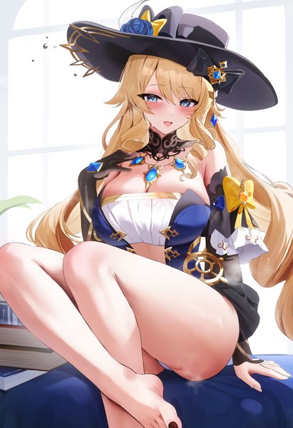 Anime picture 4160x6080 with genshin impact navia (genshin impact) fantongjun single long hair tall image looking at viewer blush fringe highres breasts open mouth blue eyes light erotic blonde hair smile hair between eyes large breasts absurdres bent knee (knees)