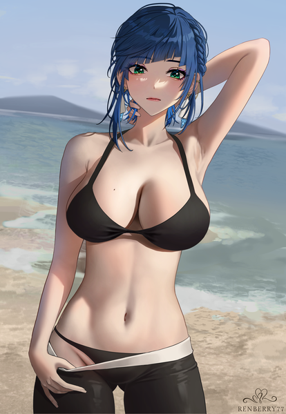 Anime picture 2000x2900 with genshin impact yelan (genshin impact) renberry single tall image looking at viewer blush fringe highres short hair breasts light erotic large breasts standing green eyes signed blue hair sky cleavage outdoors