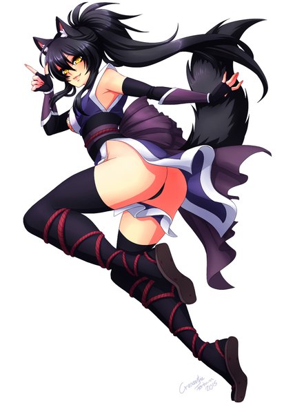Anime picture 687x1000 with original crescentia single long hair tall image looking at viewer fringe light erotic black hair simple background smile hair between eyes white background signed animal ears yellow eyes full body ponytail tail traditional clothes
