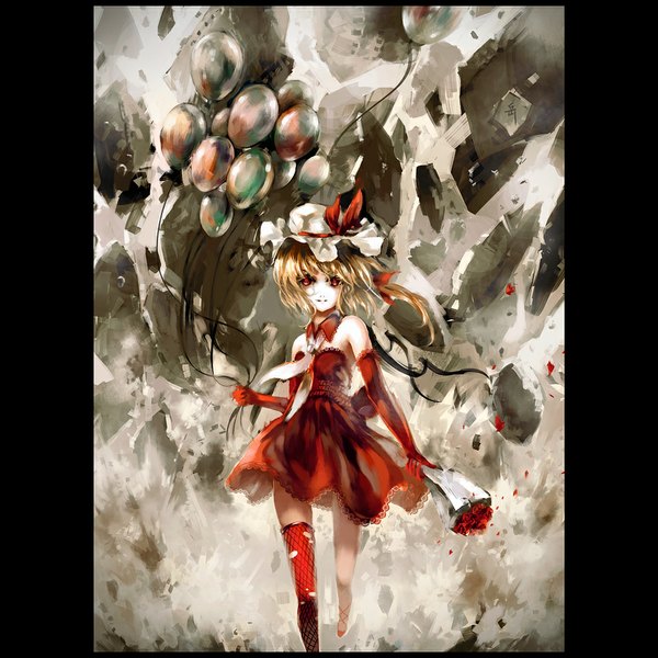 Anime picture 1000x1000 with touhou flandre scarlet archlich single short hair blonde hair girl thighhighs dress gloves elbow gloves rose (roses) single thighhigh red dress bouquet balloon