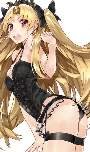 Anime picture 1500x2515 with fate (series) fate/grand order ereshkigal (fate) kou mashiro single long hair tall image breasts open mouth light erotic simple background blonde hair red eyes white background cleavage ass teeth two side up sweatdrop girl