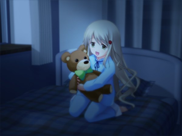 Anime picture 1280x960 with chaos;head kusonoki yua long hair blonde hair bed teddy bear