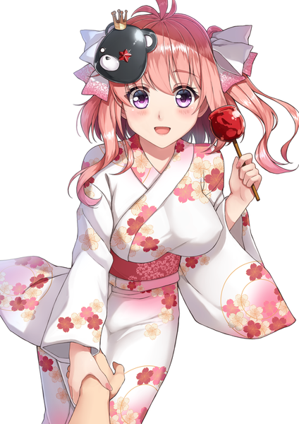 Anime picture 1500x2121 with original terras tall image looking at viewer fringe breasts open mouth simple background smile large breasts white background purple eyes pink hair long sleeves traditional clothes japanese clothes wide sleeves two side up floral print covered nipples