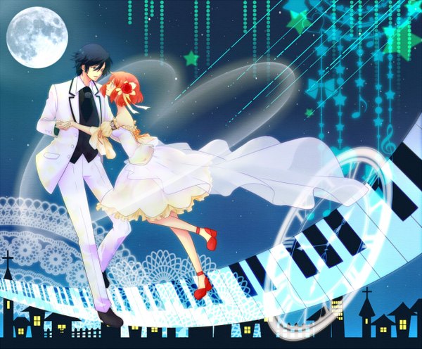 Anime picture 1300x1075 with uta no prince-sama a-1 pictures ichinose tokiya nanami haruka (uta no prince-sama) short hair blue hair red hair hair flower night sky couple city holding hands cityscape face to face silhouette dancing treble clef girl dress boy