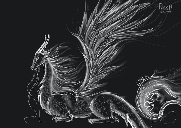 Anime picture 4092x2893 with original basti rin highres simple background signed silver hair horn (horns) monochrome white eyes wings dragon claws