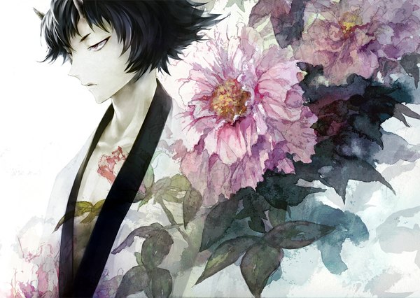 Anime picture 1074x763 with original joka (night gate) single short hair black hair red eyes horn (horns) boy flower (flowers)