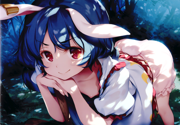 Anime picture 6828x4756 with touhou seiran (touhou) ke-ta single looking at viewer fringe highres short hair smile hair between eyes red eyes animal ears blue hair absurdres sunlight night leaning bunny ears leaning forward girl