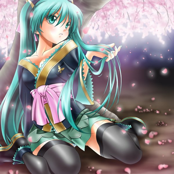 Anime picture 1000x1000 with project diva vocaloid magnet (vocaloid) hatsune miku sumeragi tomo single twintails very long hair japanese clothes aqua eyes aqua hair cherry blossoms girl thighhighs black thighhighs petals