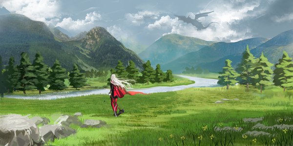 Anime picture 4000x2000 with fire emblem fire emblem: three houses nintendo edelgard von hresvelg gemlatang single long hair highres wide image standing sky cloud (clouds) full body outdoors white hair wind from behind mountain fantasy river