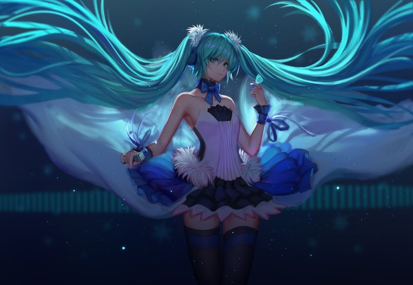 Anime picture 3508x2421 with 7th dragon 7th dragon 2020 vocaloid hatsune miku pre (preecho) single highres twintails bare shoulders absurdres very long hair aqua eyes aqua hair zettai ryouiki floating hair butterfly on hand girl bowtie insect butterfly