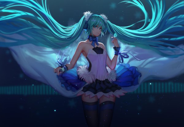 イラスト 3508x2421 と セブンスドラゴン セブンスドラゴン2020 ボーカロイド 初音ミク pre (preecho) ソロ highres ツインテール 肩出し absurdres very long hair aqua eyes aqua hair 絶対領域 floating hair butterfly on hand 女の子 蝶ネクタイ 虫 蝶