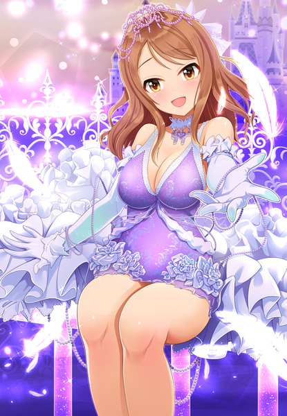 Anime picture 900x1300 with idolmaster idolmaster cinderella girls houjou karen kazu single long hair tall image looking at viewer blush fringe breasts open mouth smile brown hair sitting bare shoulders brown eyes cleavage head tilt :d