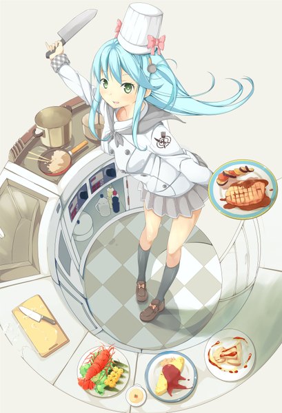 Anime picture 1194x1752 with original byte (allbyte) single long hair tall image blush open mouth blonde hair green eyes from above spread arms checkered floor floor cooking chef girl skirt uniform hat socks
